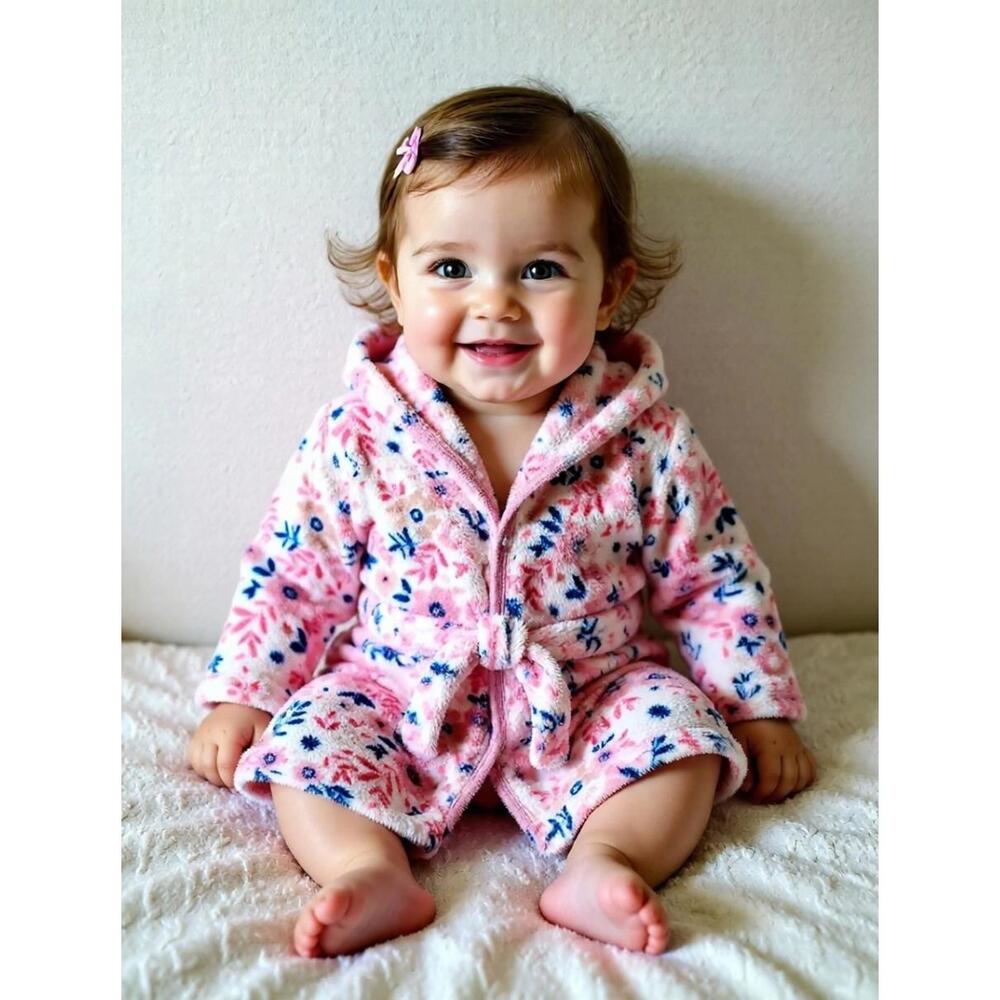 Tahari 24 Mo Baby Girl Todler Pink Floral Bath Robe Hooded Tie String